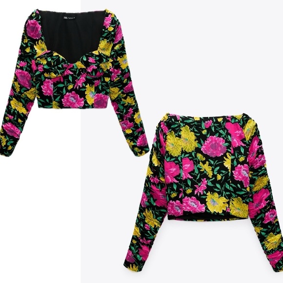 Zara floral flower long sleeve bustier corset sweetheart puff sleeve blouse Sz S - Picture 3 of 11